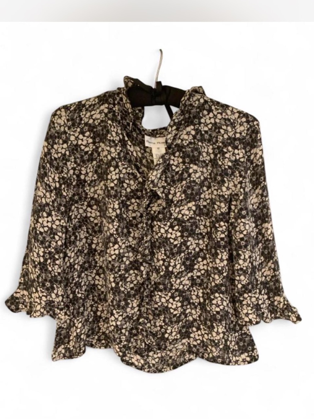 Rena Rowan Black and Cream silk Floral Ruffle Blouse size 12